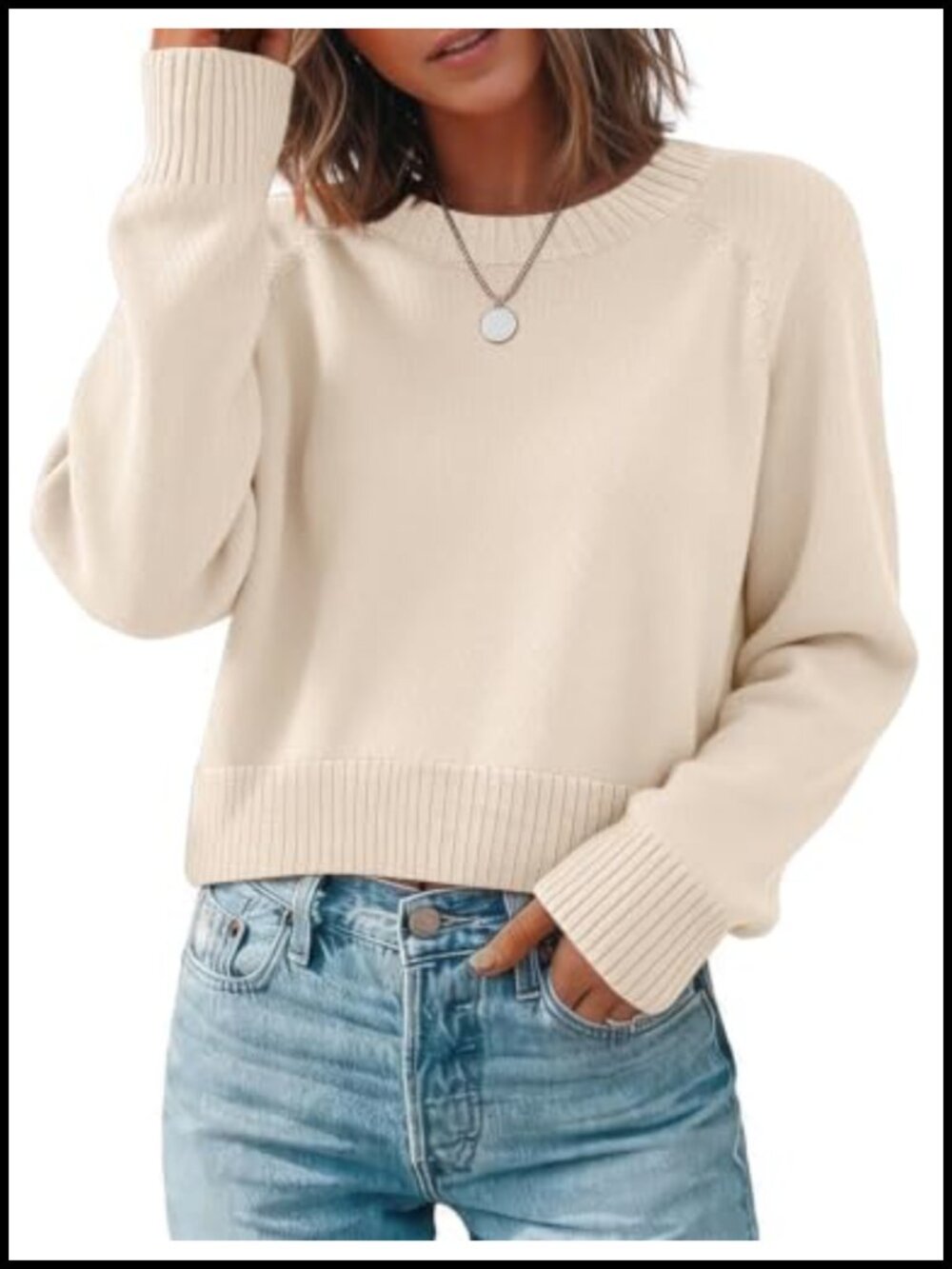 Women's Cropped Crewneck Sweater Long Sleeve Knit Pullover